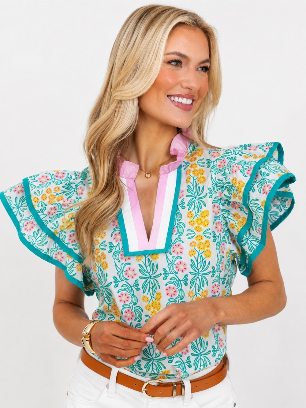 Entro Floral Ruffle Sleeve V-Neck Top Teal Pink Size Medium